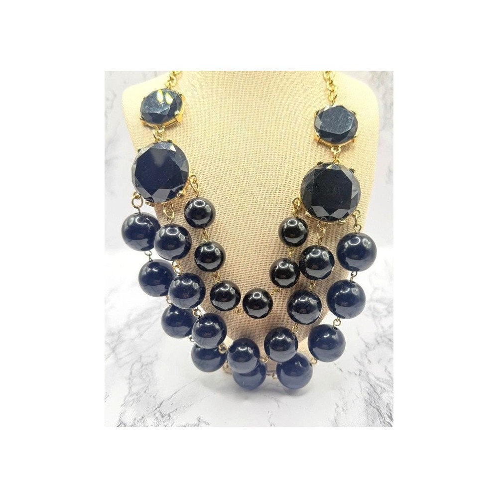 STORM Black Beaded 3 Strand Statement Bib Necklace Gold Tone 20–22"